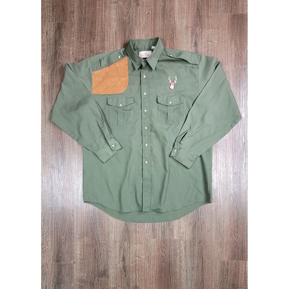 Vtg RedHead Hunting Shooting Shirt Mens XL Green Deer Embroidered Suede Patch